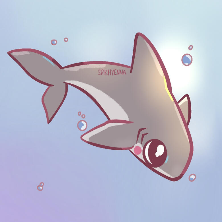 Art of a chibi-styled great white shark against a light blue background, as if it is swimming to the bottom-right corner of the icon. A few small bubbles float around it, and on the shark’s back is the word “SPIKHYENNA”.