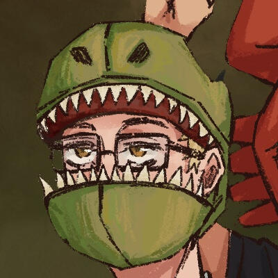 Hibdazzle A drawing of a boy wearing a mask of a dinosaur head; upper and lower jaws have sharp teeth, and obscure his face except the edges of blonde hair around his ear; pale skin; light brown eyes; black, square-framed glasses. The background is dark olive green