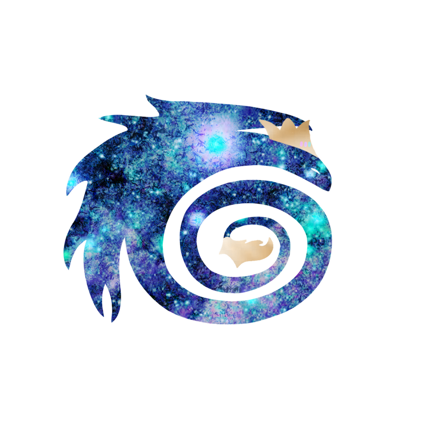 A graphic of a blue, green, and purple dragon with frilled wings and a long, coiled tail, made of stars and nebulae. It wears a golden crown and has a golden tuft at the tip of its tail.