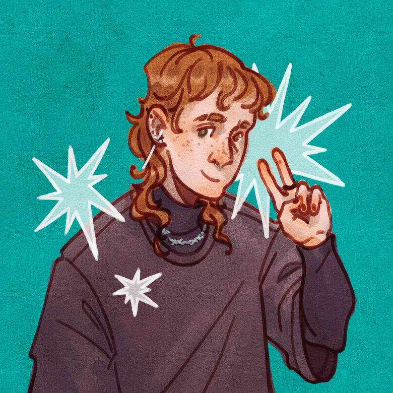 Wortel A cartoonish portrait of a red-headed person dressed in black on a teal background. They are surrounded by white stars and are making a peace sign.