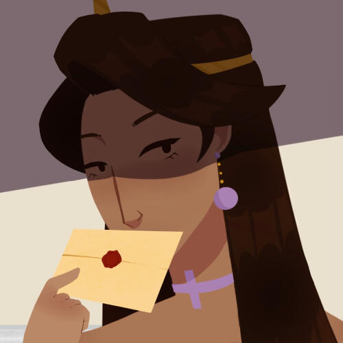 Lineless art of a young woman against a cream background; brown skin; long, dark brown hair which falls over one shoulder; holds a red-sealed envelope over her mouth; looks off to her left; pale purple necklace and earring; golden accessories in her hair.
