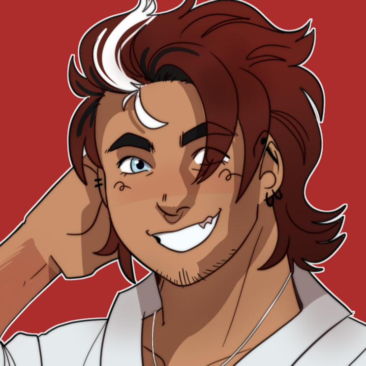 Hawk's OC against a dark red background. Smiling; long, red-brown hair with a white skunk streak; mid-brown skin; pale blue eyes; multiple ear piercings; phalloplasty scar on his right arm; wearing a white button-up shirt with a silver chain necklace.