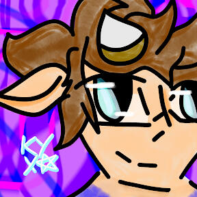 A cartoon-style drawing of a Caucasian boy with brown hair, blue eyes, and glasses, against a pink and purple background. In the bottom-left corner are the letters K, Y, X, and a star.